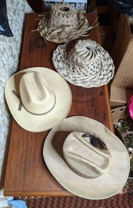 lot 116 image: Set of (2) Palm Frond Hats, Straw Hat, & Mesh Hat