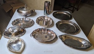 lot 70 image: Wonderful Silver Plated Mixed Lot Trays, Gravy Bowl, Pitcher, Oneida Tray, & More (F.B.Rogers Silver Co 6006, Oneida, Chippendale)