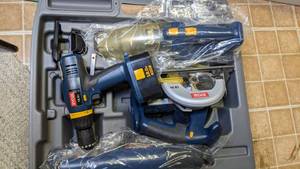lot 3 image: Ryobi 18V Tools w Case - Reciprocating Saw, Circular Saw, Drill & WetDry Vac