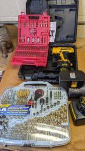 lot 228 image: Large Cordless Drill Set DeWalt Drill, Multiple Bits, Screwdriver Heads and Three Chargers