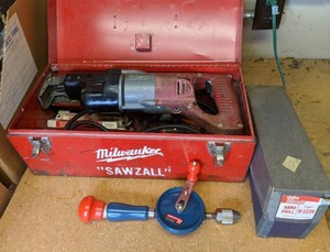 lot 169 image: Vintage Milwaukee Sawzall with Metal Toolbox & Stanley Handyman Hand Drill