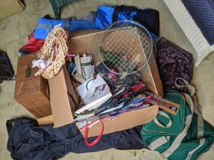 lot 176 image: Mixed Lot Books, Cards, Filing Box, Easter Wreath, Garment Bag, Duffel Bags, & More