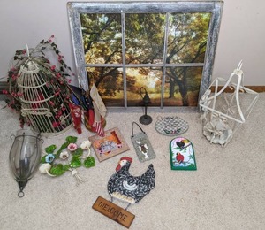 lot 181 image: Home Dcor Lot Window Framed Painting, Decorative Bird Cage, Candle Holders, & More