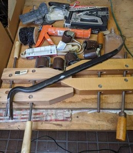 lot 160 image: Great Lot of Misc. Hardware Swingline Staple Gun, Set of (2) Wooden Vice Clamps, & More