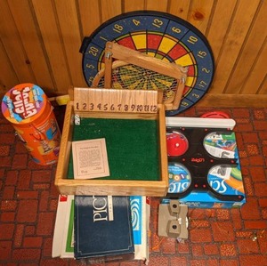 lot 451 image: Mixed Lot of Games Jenga, Dice Box, Dart Board, Pictionary, Scrabble, Loops, & More