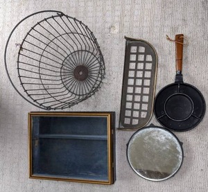 lot 456 image: Fantastic Mixed Lot Vintage Crepes N Things Nordic Ware Cast Aluminum Crepe Pan, Round Mirror, Small Jewelry Box, Wire Basket, & More