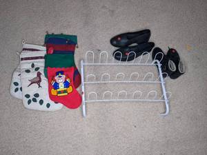 lot 461 image: Christmas Stockings, Wire Shoe Rack, Womens Boots, and Shoe Covers