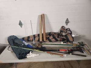 lot 90 image: Take What You Want Patio Umbrella, Tent, Fishing Rods, Etc