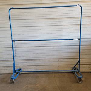 lot 309 image: Blue 72 x 75 Industrial Steel Commercial Grade Double Bar Garment Rack