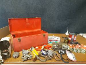 lot 716 image: Toolbox w Clevises, Scissor Hooks, Chalk Lines, Toolbelt, Oil Can and More