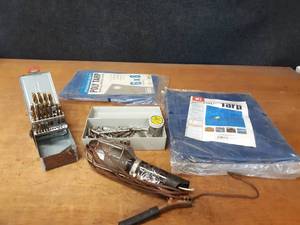 lot 728 image: Drill Bits, New Tarps (2) 5 x 7 and (1) 6 x 8, Trouble Light and More