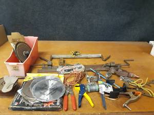 lot 732 image: Assorted Tools, Game Hanging Hook, Saw Blades, Wire and More
