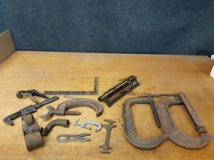 lot 747 image: Lot of C-Clamps and Vintage Tools - Largest C-Clamp is 8