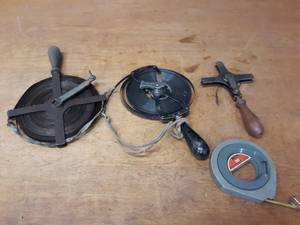 lot 752 image: Vintage LUFKIN Rule Co. Tape Measure (100), Fishtape, LUFKIN 50 Tape Measure and Tape Measure Roll up Handle