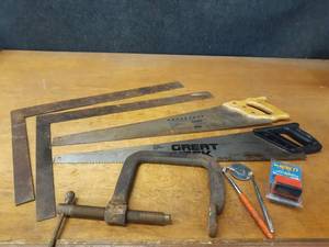 lot 755 image: Squares, Large Clamp (6), Saws and More