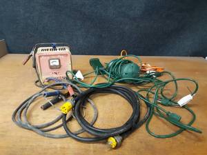 lot 776 image: Vintage ESSTRON Battery Charger (Untested) and Lot of Extension Cords