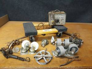 lot 786 image: Lot of Caster Wheels, Moving Dolly, DC Power Supply (Untested), Antique Latches and Buckles
