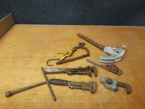 lot 790 image: Lot of Antique Pipe  Monkey Wrenches, Tubing Bender (12 or 34) and More