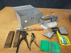 lot 879 image: Aluminum Ceramic Tile Cutter, Antique Rulers, Drill Bits and More