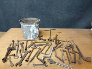 lot 889 image: Large Lot of Antique Wrenches and Galvanized Bucket