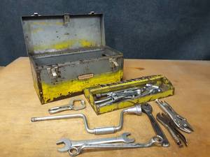 lot 899 image: Toolbox w Tools - Sockets, Wrenches, Locking Pliers, Vintage Craftsman Socket Wrench and More