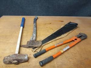 lot 919 image: Hand Saw, Bolt Cutter, Maul and Axe
