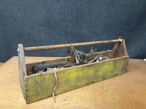lot 932 image: Vintage Wood Toolbox w Tools - Overall about 36 x 13 x 9