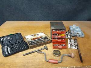 lot 949 image: Lot of Reamers, Bit Kit, DUNLAP Parts Organizer and More