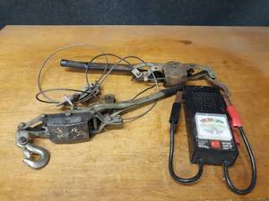lot 952 image: Pair of Come-A-Longs and a Schumacher Battery Tester Model BT-100