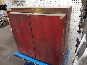 lot 985 image: Vintage Homemade Wood Cabinet - Made for Wood Lathe Tooling  - Measures about 29 x 29 x 14