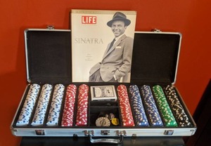 lot 28 image: 500pc Pro Poker Player Chip Set in Case & Life Remembering Sinatra Commemorative Tribute from Tony Bennett Frank Sinatra