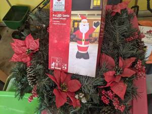 lot 75 image: Bins & Boxes of Christmas Decor (Laser Light Projector, Inflatable Santa)