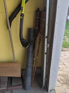 lot 77 image: Lot of Garden Tools and Supplies (Ryobi Leaf Blower & String Trimmer)