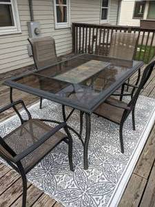 lot 221 image: Outdoor Glass and Tiled Table with Four Chairs (29x65x41)