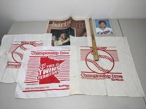 lot 128 image: MN Twins Lot - Vintage Homer Hankies, Autographed Roy Smalley Photo, Souvenir Kirby Puckett Bat and Newspaper Article