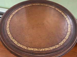 Petite Round Vintage Table w Leather Inlaid Top