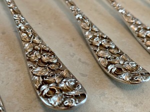 Six Repousse Floral Designed Sterling Salad Forks