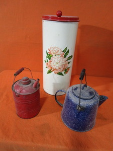 lot 115 image: Vintage Trash Can, Enamel Coffee Pot, 12 gal Gas Can