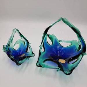 Mid-Century Murano Style Basket Blue Free Form Bowls