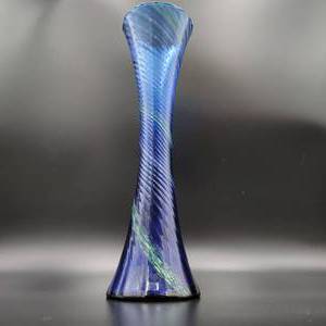 Mid-Century Cobalt Blue and Green Latticello Glass Vase