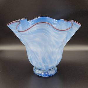 Beautiful Mid-Century Hand-Blown Glass Blue Ruffle Bowl