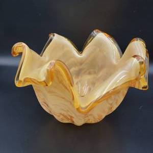 Mid-Century Murano Glass White Crystal Amber Bowl