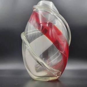 Mid-Century Hand-BlownRed and White Swirl Vase