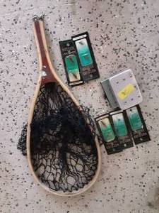 lot 24 image: 2-Vintage Fly Boxes Full Of Flies (Some New, Some Old Hand Tied) & Fly Fishing Net