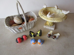 Marble eggs (8) and bird bath, four...