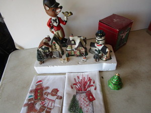 Elvis ornament, flour sack towels, ...
