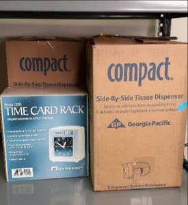 lot 101 image: (3) Compact Tissue Dispensers In Box, & Time Card Rack Model# 120R in Box