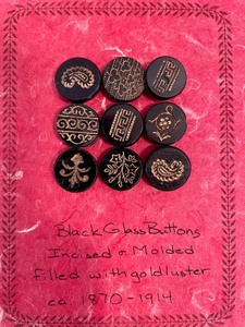 Antique Buttons including Black Glass Incised and Mold Buttons w Gold Luster