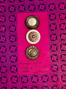 Vintage Glass Czech, Tooled, and China Gaiter Bulls Eye Buttons & Engraved 19th Century Carved Shell Buttons