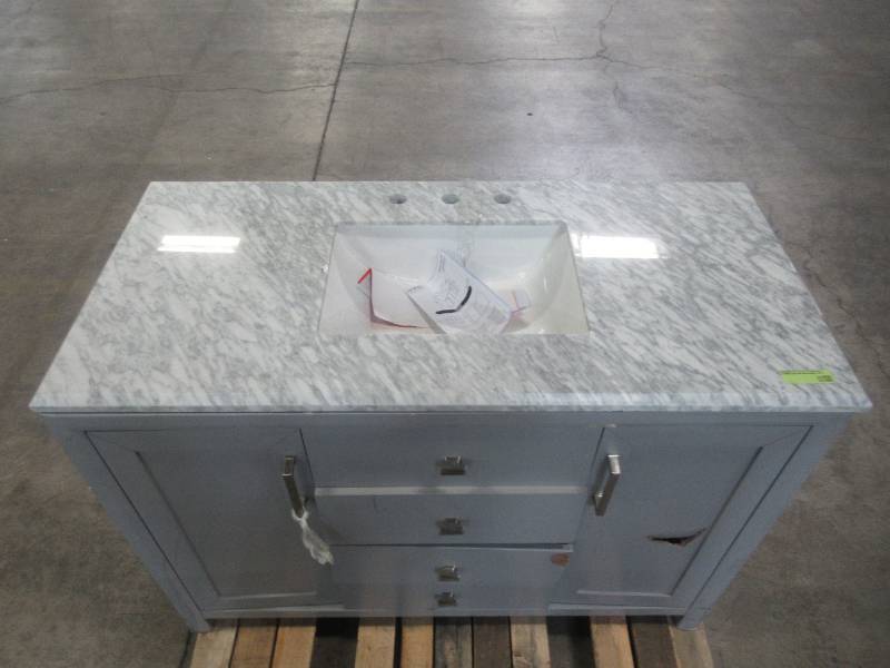 lot 203 image: Home Decorators Collection Rockleigh 48 in. W x 22 in. D Bath Vanity in Pebble Grey with Marble Vanity Top in Carrara White with White Basin Rockleigh 48PG
